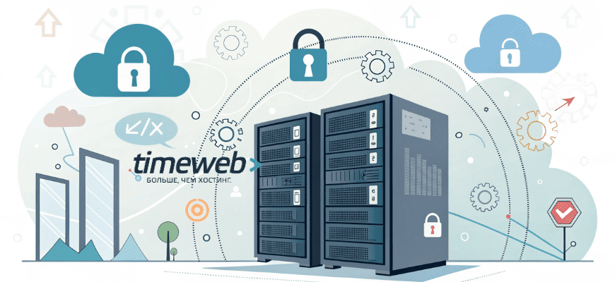 Иллюстрация серверов Timeweb с элементами безопасности, скорости и производительности.