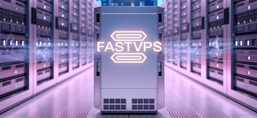 Футуристический дата-центр с серверами FastVPS, символизирующий высокие технологии и надежность хостинга в 2025 году.