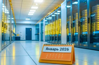 Современный серверный зал с подсвеченными стойками и календарём января 2026 года на переднем плане.