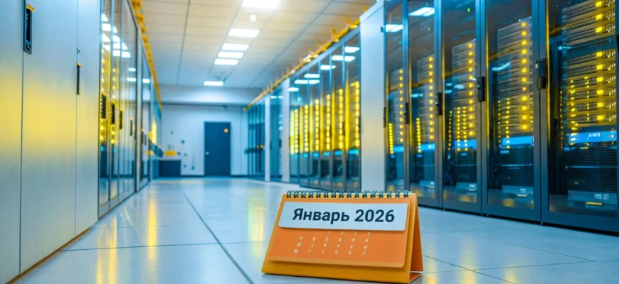 Современный серверный зал с подсвеченными стойками и календарём января 2026 года на переднем плане.