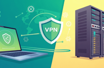 Лаптоп с иконкой VPN и серверная стойка прокси на разделённом экране