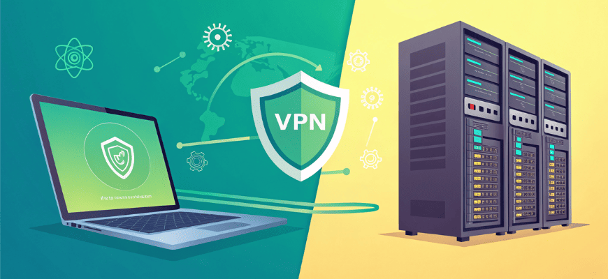 Лаптоп с иконкой VPN и серверная стойка прокси на разделённом экране