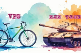 Акварельная иллюстрация выбора VPS или выделенного сервера: велосипед и танк на фоне цифрового облака в 2025 году