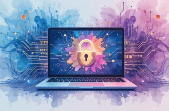 Акварельная иллюстрация безопасного VPN с ноутбуком и замком в цифровом мире