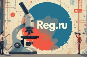 Микроскоп, направленный на логотип Reg.ru, с фигурами в стиле конструктивизма на фоне цифрового пространства