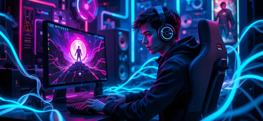 Геймер за компьютером с RGB-подсветкой играет в онлайн-игру через VPN с низким пингом