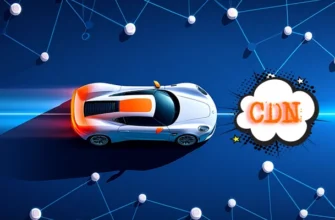 Яркая современная иллюстрация ракеты или спортивного автомобиля на фоне глобальной сети серверов, соединённых светящимися линиями в синих, оранжевых и белых тонах.