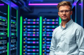 Молодой IT-специалист на фоне современных серверов с RGB-подсветкой и устаревшего оборудования - контраст нового и старого в хостинге