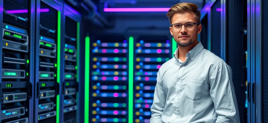 Молодой IT-специалист на фоне современных серверов с RGB-подсветкой и устаревшего оборудования - контраст нового и старого в хостинге