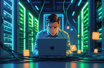 Иллюстрация о выборе хостинга: человек с ноутбуком в серверной, переживает из-за проблем с сайтом и хостингом.