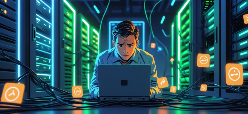 Иллюстрация о выборе хостинга: человек с ноутбуком в серверной, переживает из-за проблем с сайтом и хостингом.