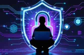 Цифровая иллюстрация защиты интернет-соединения: светящийся щит с замком защищает человека с ноутбуком от слежки и блокировок