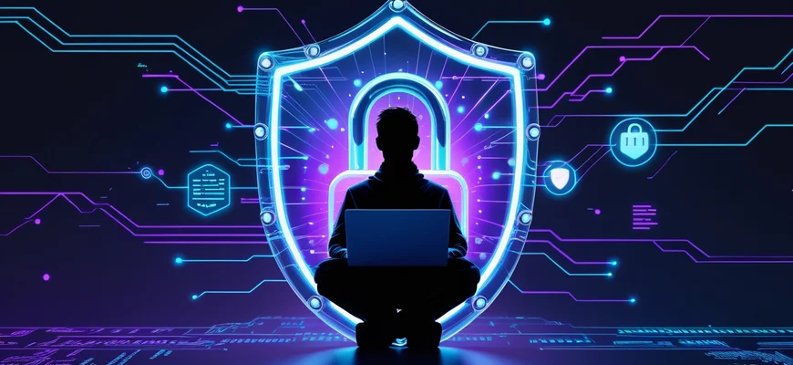 Цифровая иллюстрация защиты интернет-соединения: светящийся щит с замком защищает человека с ноутбуком от слежки и блокировок