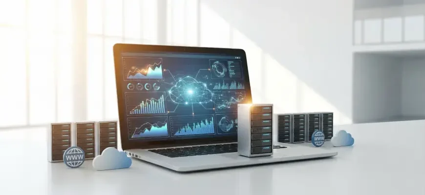 Обзор хостинга Reg.ru с лидирующим сервером на фоне панели управления и облачной инфраструктуры