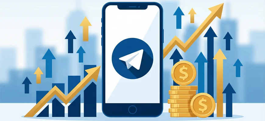 Заработок в Telegram — смартфон с логотипом Telegram, графики роста и монеты