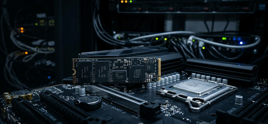 NVMe SSD-накопитель и процессор на тёмной поверхности под холодным белым светом, разъём и чипы в резком фокусе