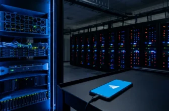 Современная серверная стойка с синей подсветкой в дата-центре и смартфон с логотипом Telegram на переднем плане